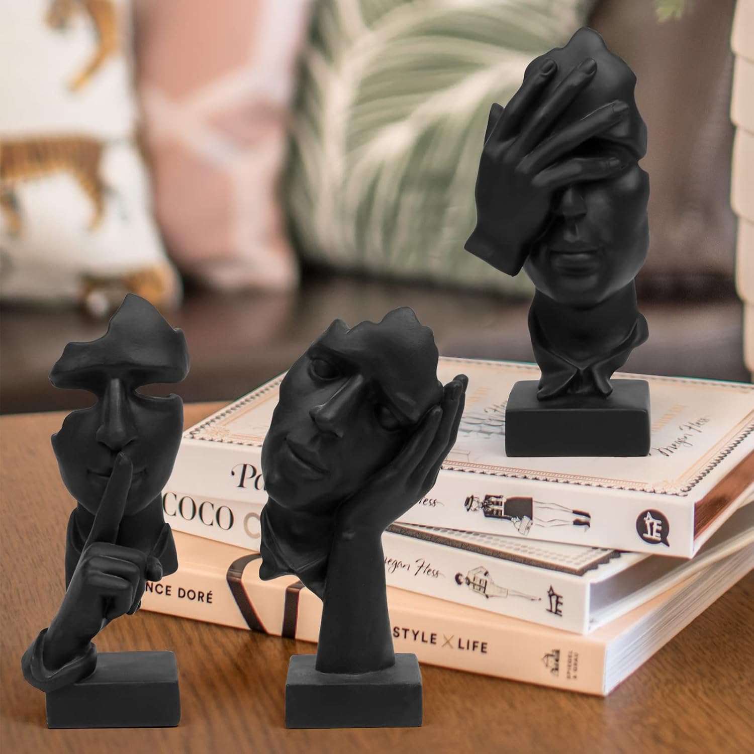 3 Pcs Thinker Statue, Silence is Gold Abstract Art Figurine, No Hear No See No Speak Modern Home Resin Sculptures Decorative Objects Decor for Home Office Bookshelf Desktop(Black) (A-41) - Image 2