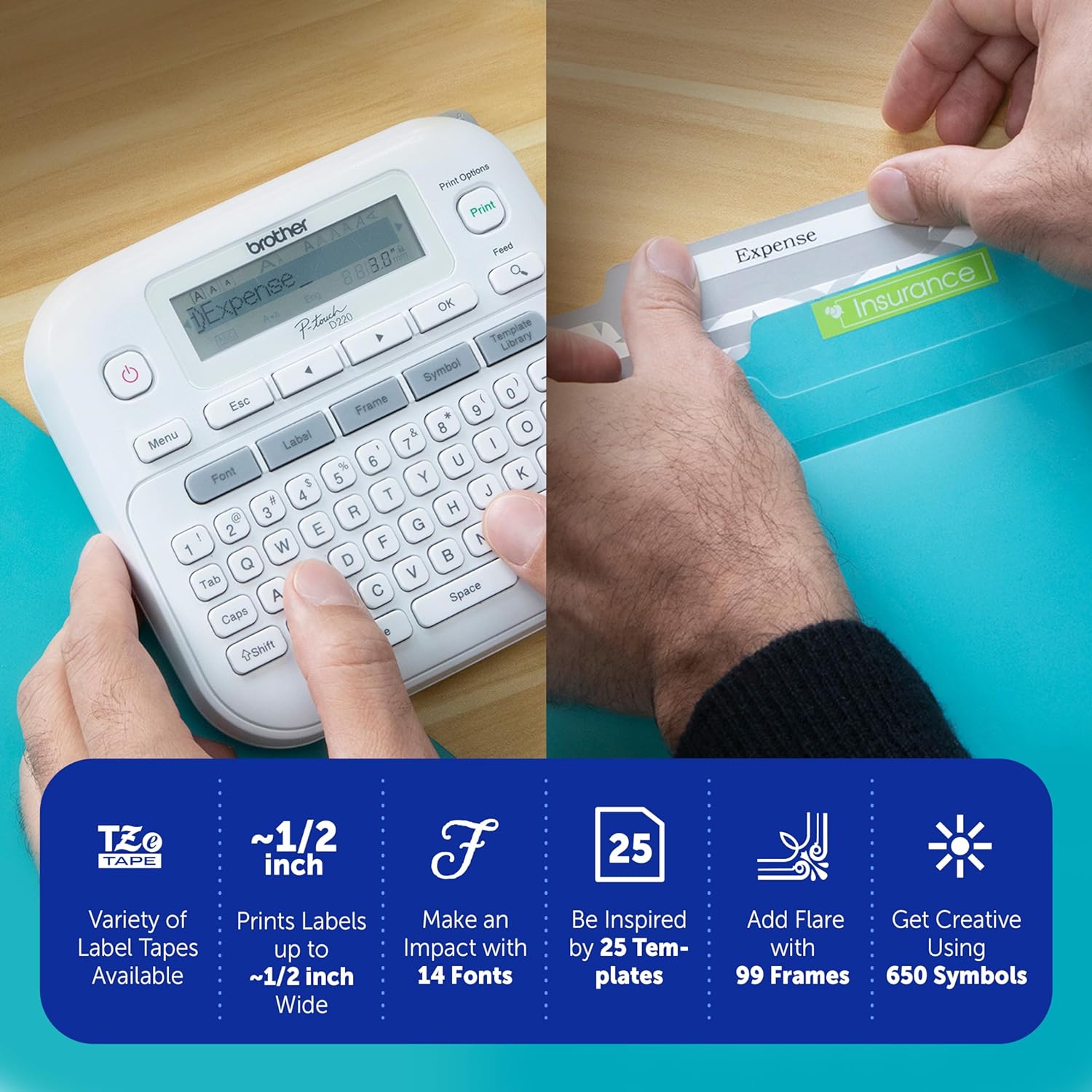 Brother P-Touch Label Maker, PTD220, Thermal, Inkless Printer for Home & Office Organization, Portable & Lightweight, QWERTY Keyboard, One-Touch Keys & 25 Pre-Set Label Templates Label Memory - Image 2