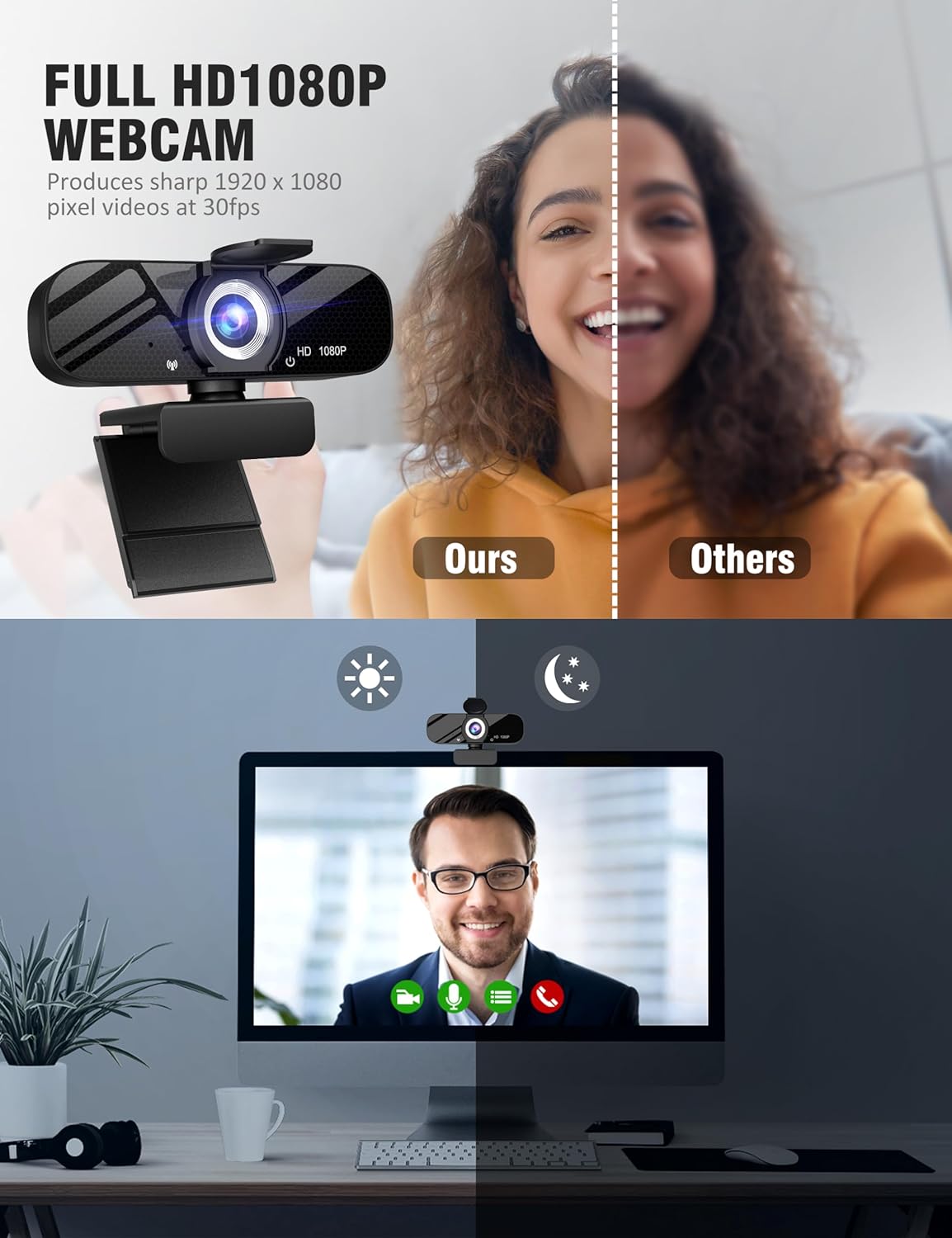 Full HD Webcam with Built-in Microphone and Rotatable Tripod, 1080P Video and Wide Angle Camera, Privacy Cover, for Desktop PC or Laptop Computer - Image 2