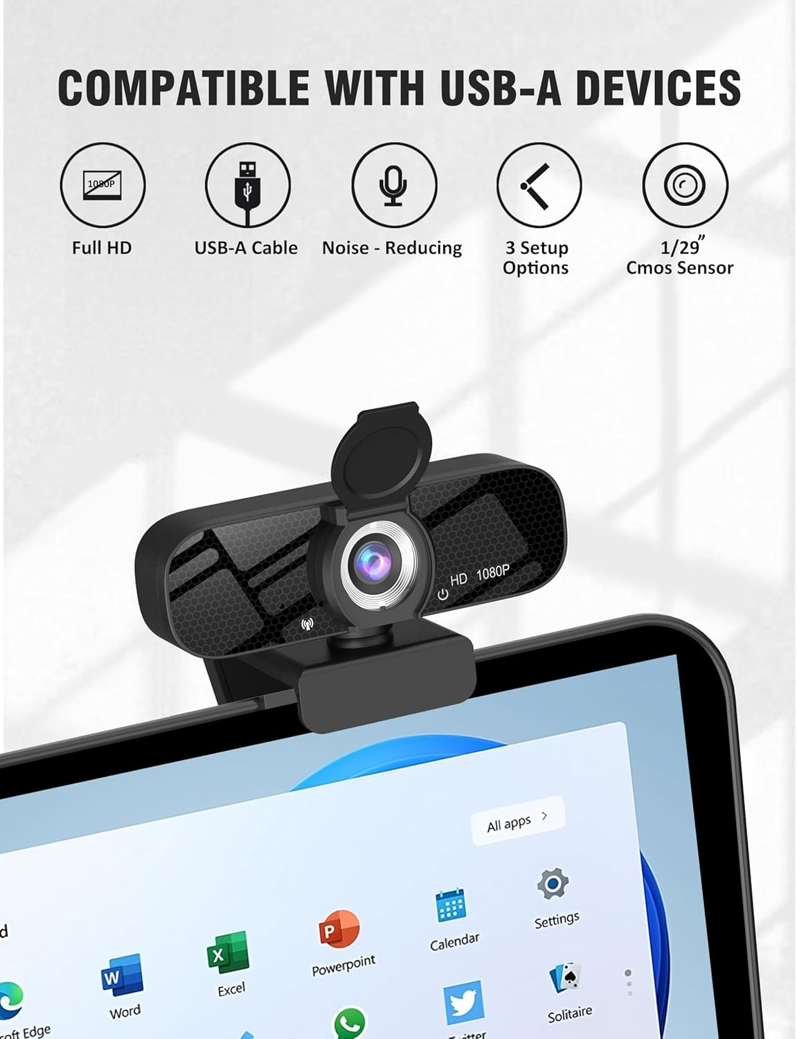 Full HD Webcam with Built-in Microphone and Rotatable Tripod, 1080P Video and Wide Angle Camera, Privacy Cover, for Desktop PC or Laptop Computer - Image 4