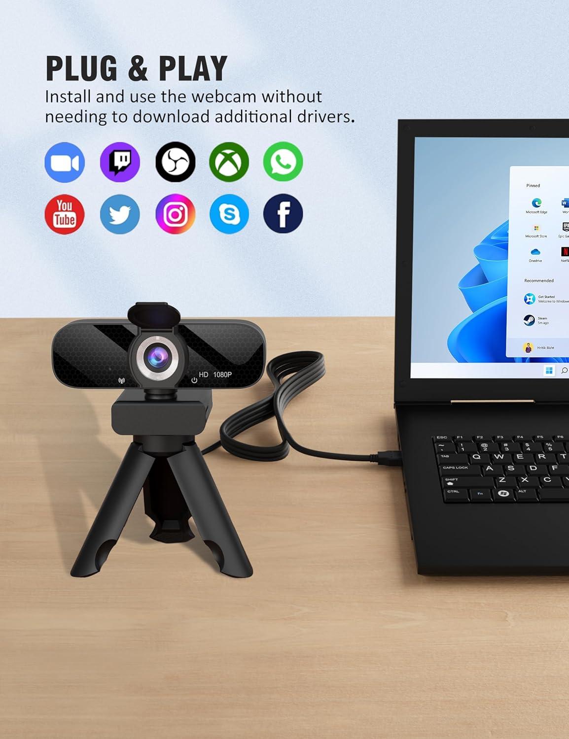 Full HD Webcam with Built-in Microphone and Rotatable Tripod, 1080P Video and Wide Angle Camera, Privacy Cover, for Desktop PC or Laptop Computer - Image 6